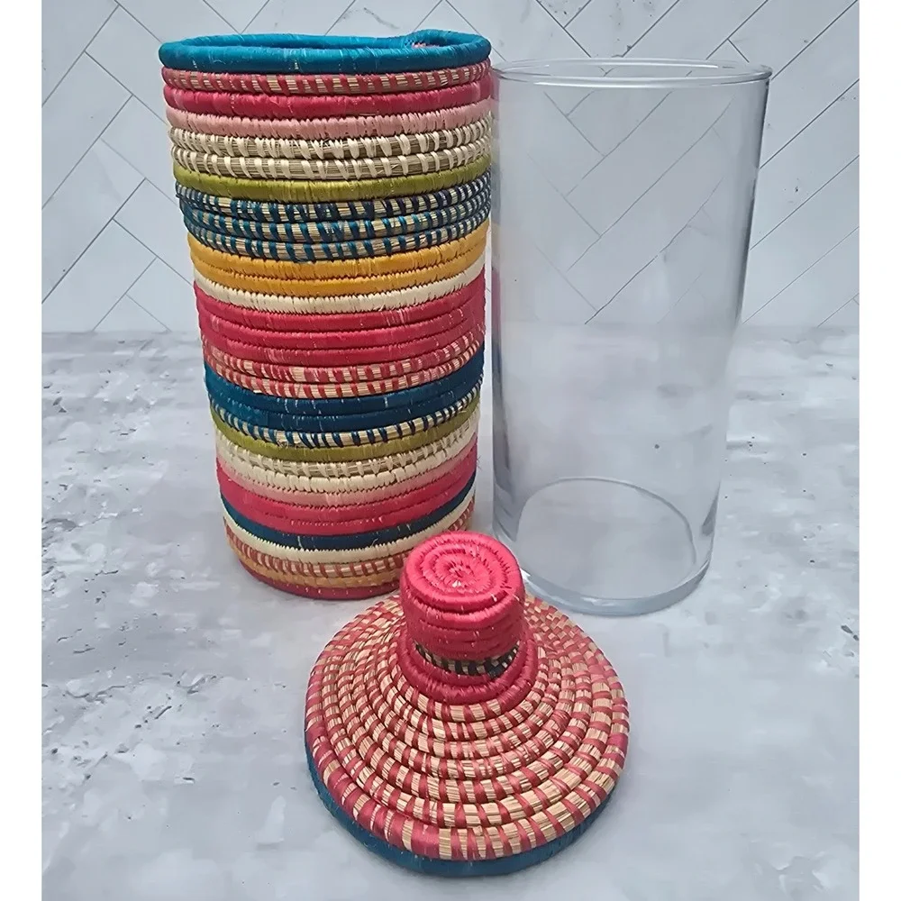 Handcrafted Rwanda Woven Basket Vase with Lid Tassel and Glass Insert Multicolor